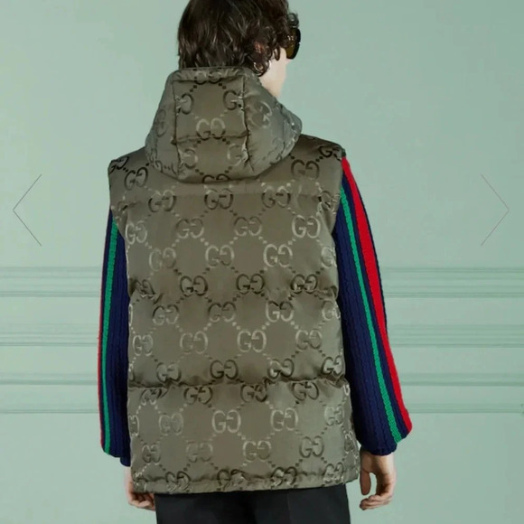 AUTHENTIC GUCCI JUMBO GG monogram CANVAS DOWN VEST green men’s hood puffer gilet - Picture 6 of 10